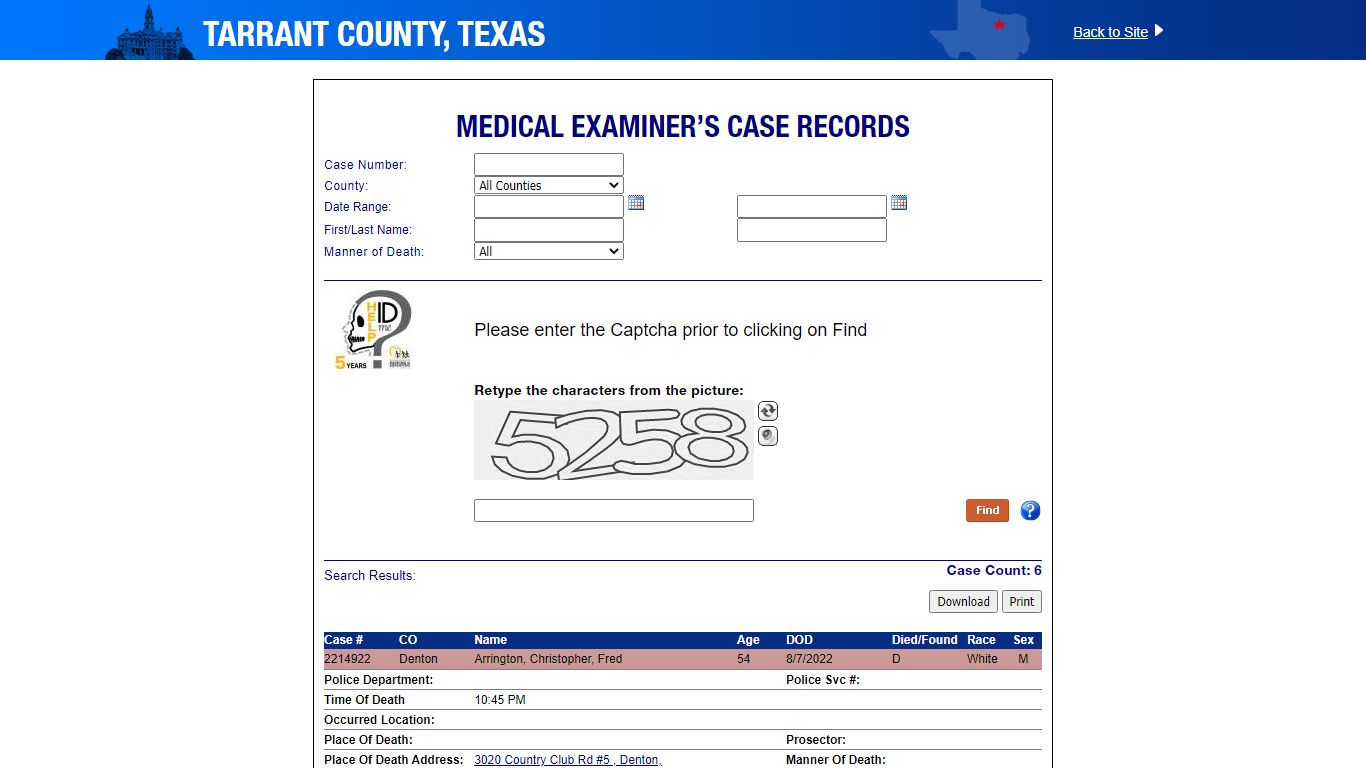 Medical Examiner’s Case Records - Tarrant County