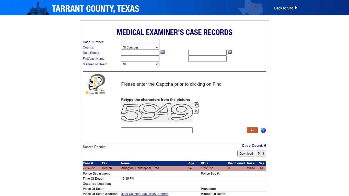 Medical Examiner’s Case Records - Tarrant County