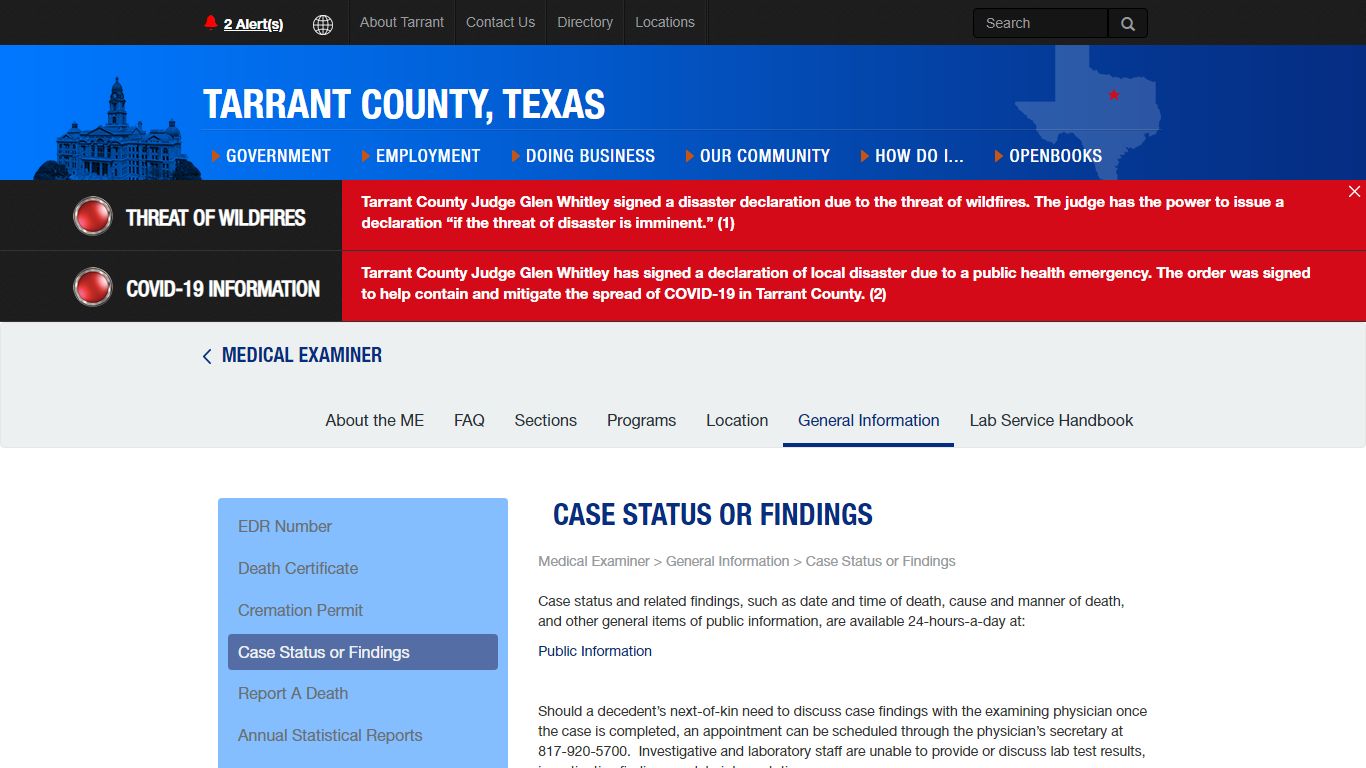 Case Status or Findings - Tarrant County